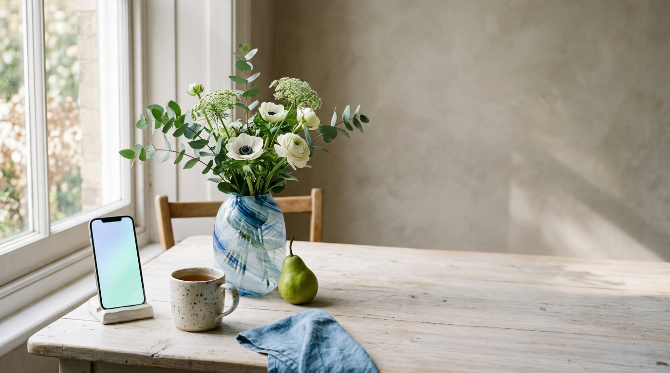 A wooden table by a window with a phone on a stand, a speckled mug, a glass vase of white flowers and a pear