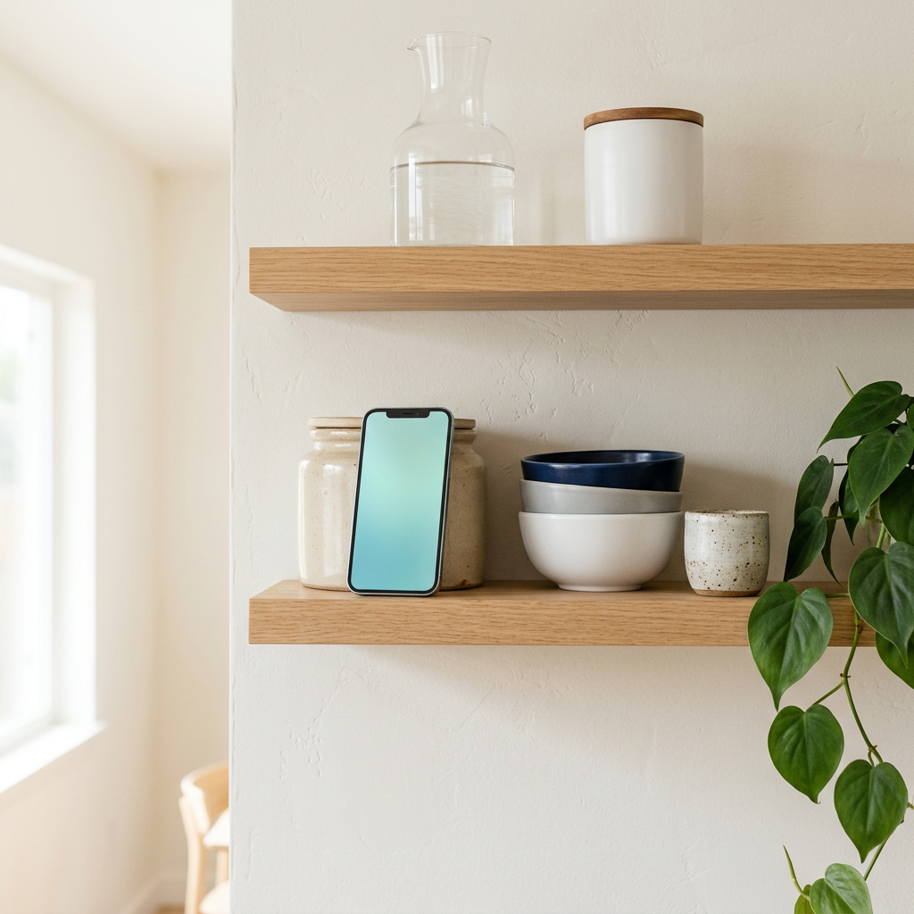 Light wood shelves with a phone leaning on a stoneware jar beside stacked bowls and a trailing plant
