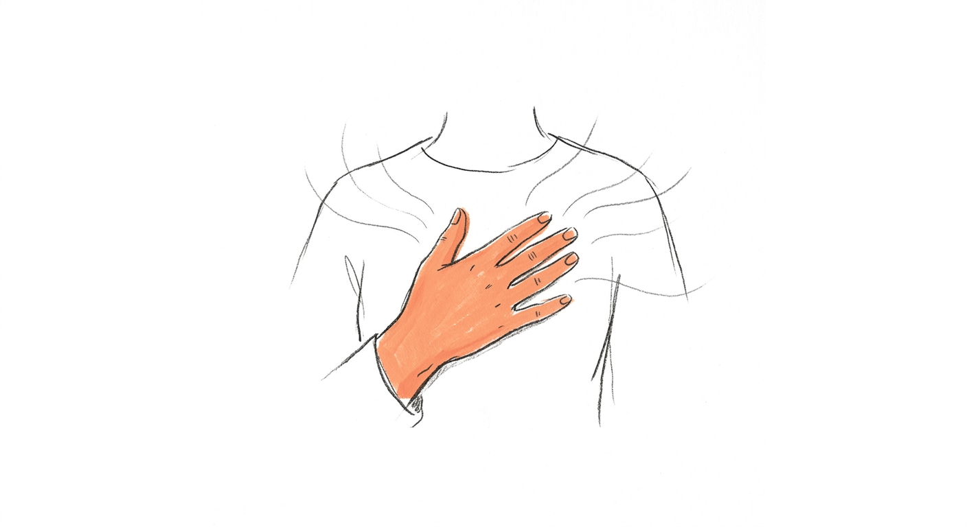 Hand-drawn hand resting on a chest with soft breath lines