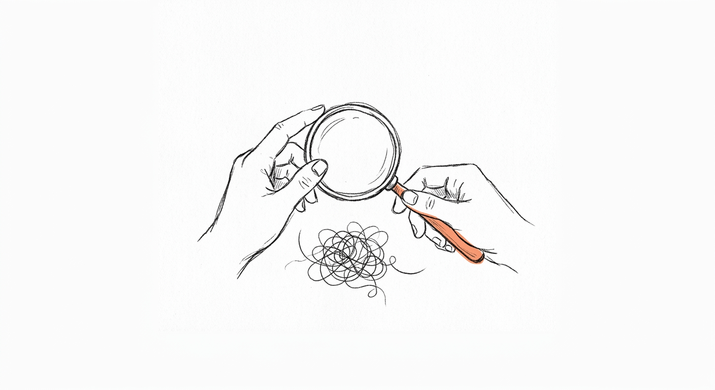 Hand-drawn magnifying glass over a tangle of thread